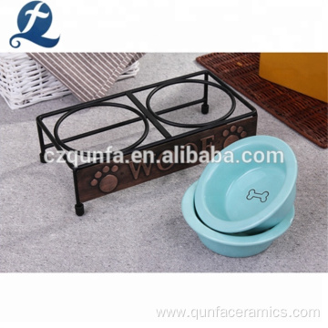 Blue Ceramic Dog Food Water Feeder Pet Bowls